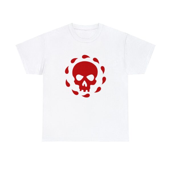 The symbol of Bhaal, a skull circled by drops of blood, on a white T-Shirt