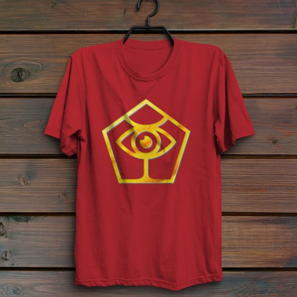 The DnD symbol of Boccob, an eye balanced on a pedestal inside a pentagon, on a red shirt hanging on a wall
