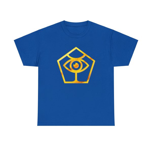 The DnD symbol of Boccob, an eye balanced on a pedestal inside a pentagon, on a royal blue shirt