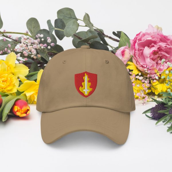 A hat with the symbol of Tempus, an upright flaming sword. The god of war in DnD. Khaki Hat.