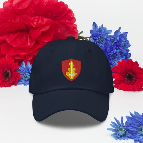 A hat with the symbol of Tempus, an upright flaming sword. The god of war in DnD. Navy Blue Hat