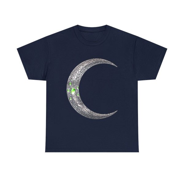 navy blue t-shirt with the symbol of Corellon Larethian, a silver crescent moon
