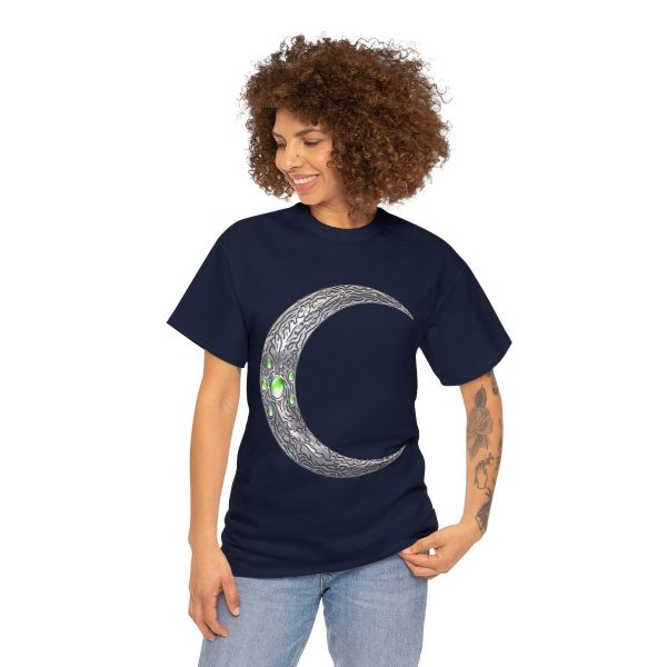 navy blue t-shirt with the symbol of Corellon Larethian, a silver crescent moon on a woman