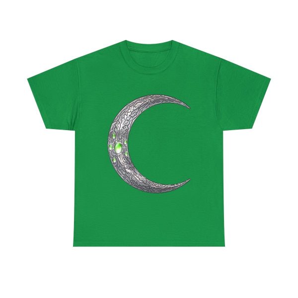 irish green t-shirt with the symbol of Corellon Larethian, a silver crescent moon