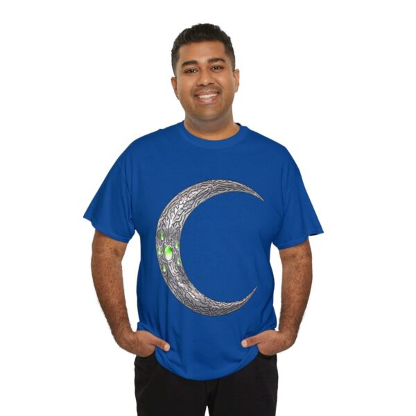 royal blue t-shirt with the symbol of Corellon Larethian, a silver crescent moon