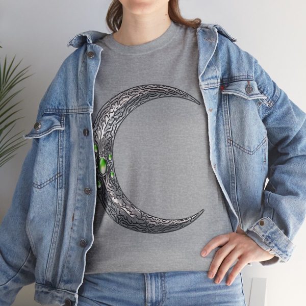 sport gray t-shirt with the symbol of Corellon Larethian, a silver crescent moon, under a jean jacket