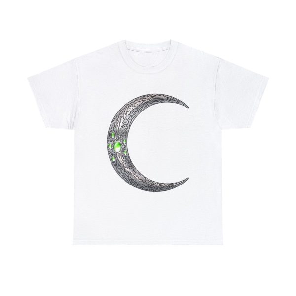 white t-shirt with the symbol of Corellon Larethian, a silver crescent moon