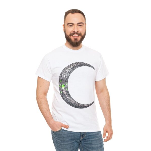 white t-shirt with the symbol of Corellon Larethian, a silver crescent moon, on a man