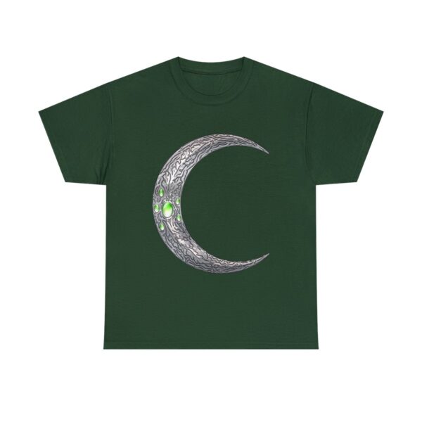 forest green t-shirt with the symbol of Corellon Larethian, a silver crescent moon