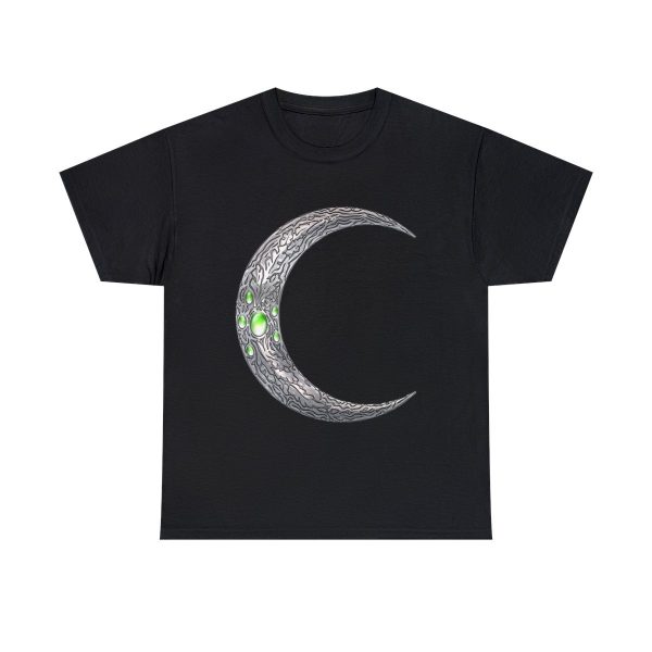 black t-shirt with the symbol of Corellon Larethian, a silver crescent moon