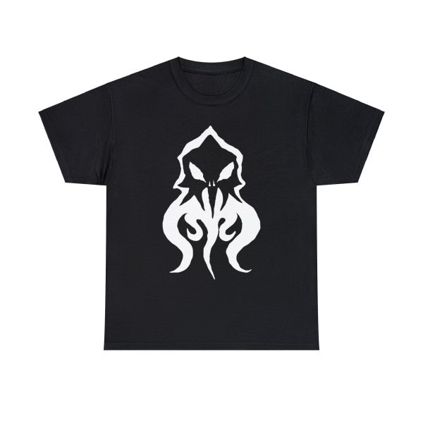 The symbol of Deep Duerra, a broken illithid skull, mindflayer, on a black shirt