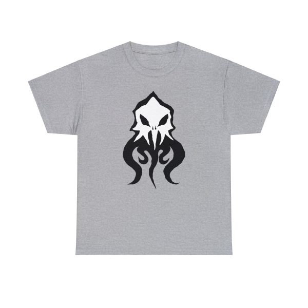 The symbol of Deep Duerra, a broken illithid skull, mindflayer, on a sport gray shirt