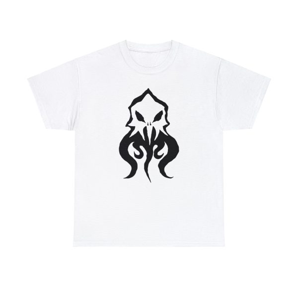 The symbol of Deep Duerra, a broken illithid skull, mindflayer, on a white shirt