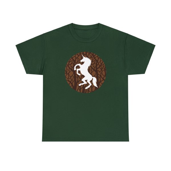 The DnD symbol of Ehlonna, a rampant unicorn, on a forest green shirt