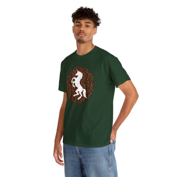 The DnD symbol of Ehlonna, a rampant unicorn, on a forest green shirt worn by a man