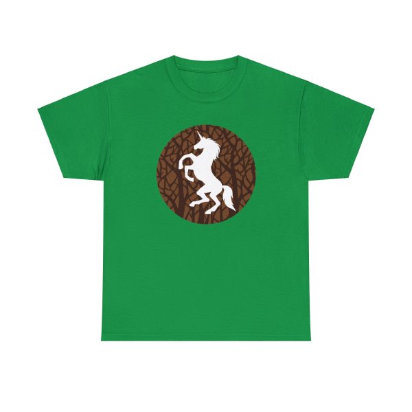 The DnD symbol of Ehlonna, a rampant unicorn, on an irish green shirt