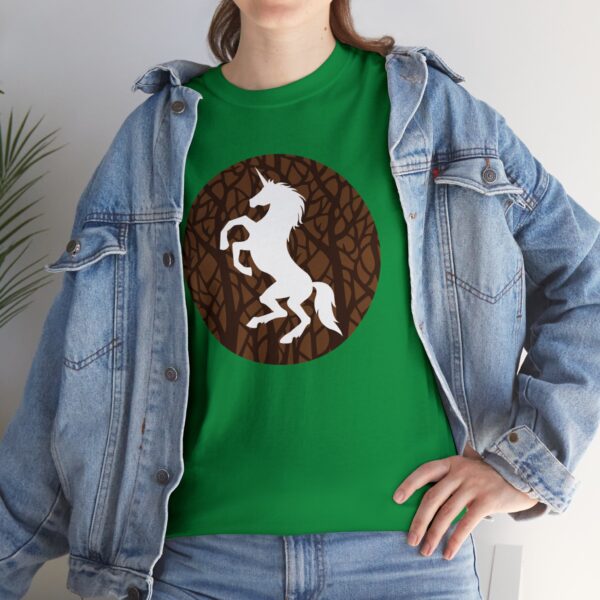 The DnD symbol of Ehlonna, a rampant unicorn, on an irish green shirt under a jean jacket