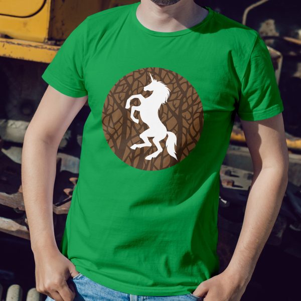 The DnD symbol of Ehlonna, a rampant unicorn, on an irish green shirt, worn by a man against a tractor