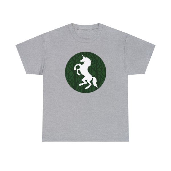 The DnD symbol of Ehlonna, a rampant unicorn, on a sport gray shirt