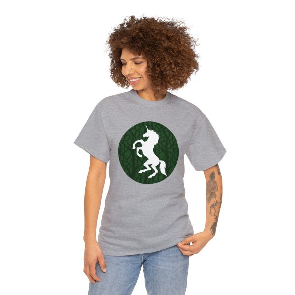 The DnD symbol of Ehlonna, a rampant unicorn, on a sport gray shirt worn by a woman