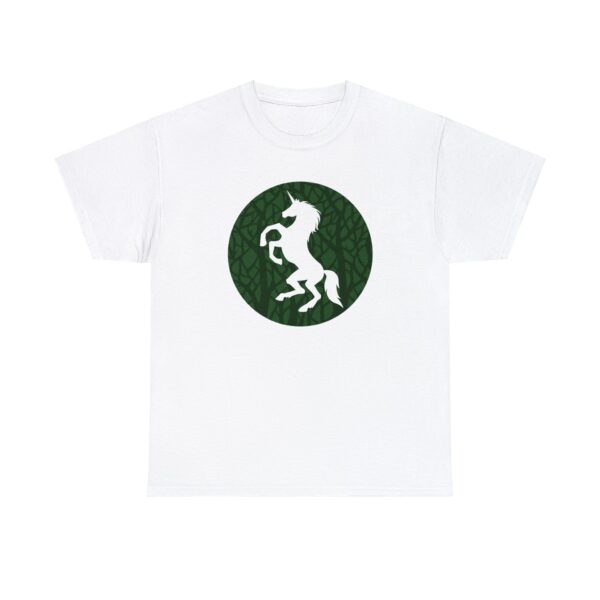 The DnD symbol of Ehlonna, a rampant unicorn, on a white shirt