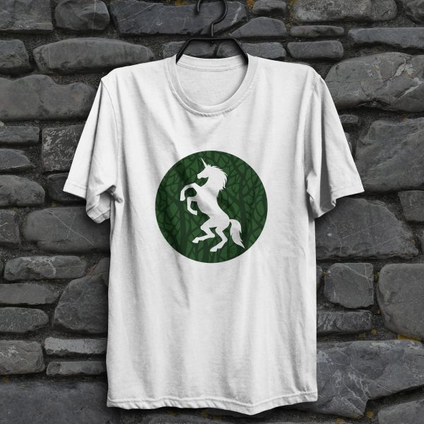 The DnD symbol of Ehlonna, a rampant unicorn, on a white shirt hanging on a wall