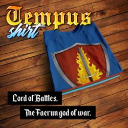 A shirt with the symbol of Tempus, a flaming sword on a blood red shield