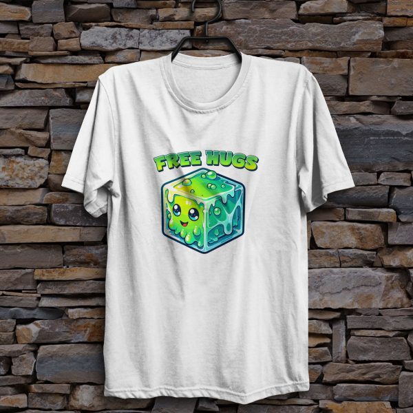 Free Hugs shirt, a hug from a gelatinous cube is forever, on a white shirt hanging on a wall