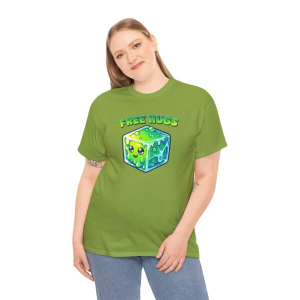 Free Hugs shirt, a hug from a gelatinous cube is forever, on a kiwi shirt worn by a woman