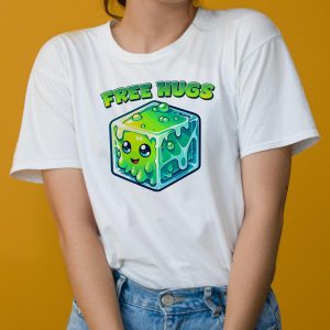 Free Hugs shirt, a hug from a gelatinous cube is forever, on a white shirt worn by a woman up close