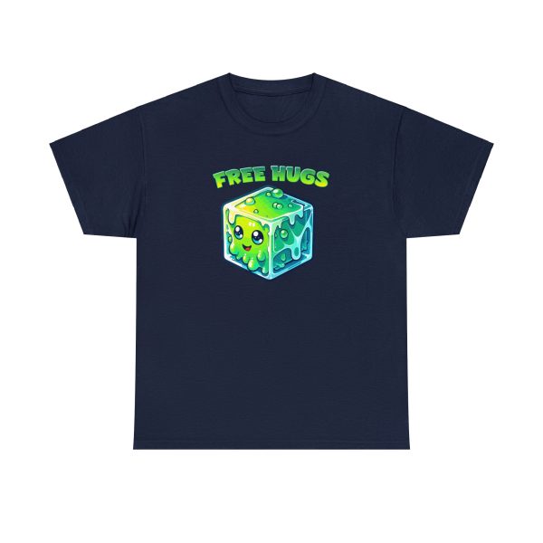 Free Hugs shirt, a hug from a gelatinous cube is forever, on a navy blue shirt