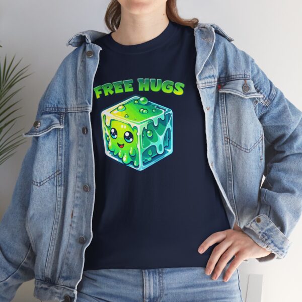 Free Hugs shirt, a hug from a gelatinous cube is forever, on a navy blue shirt under a jean jacket