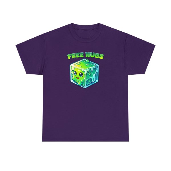 Free Hugs shirt, a hug from a gelatinous cube is forever, on a purple shirt