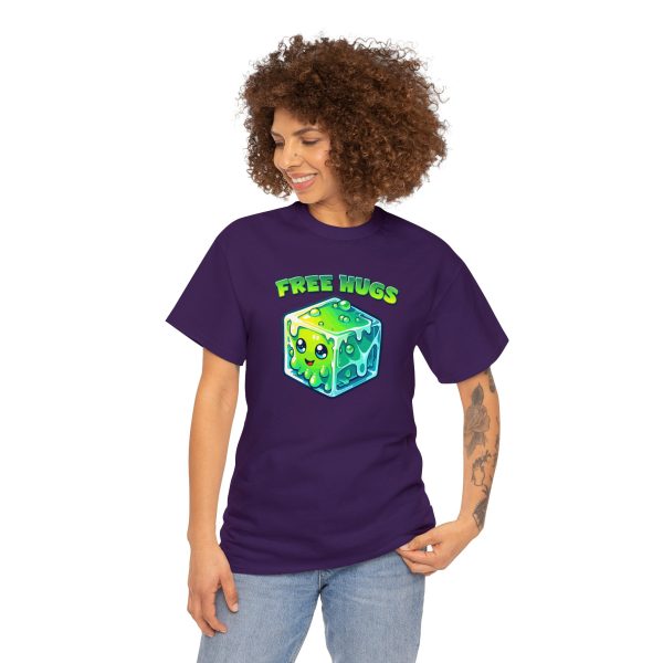 Free Hugs shirt, a hug from a gelatinous cube is forever, on a purple shirt worn by a woman