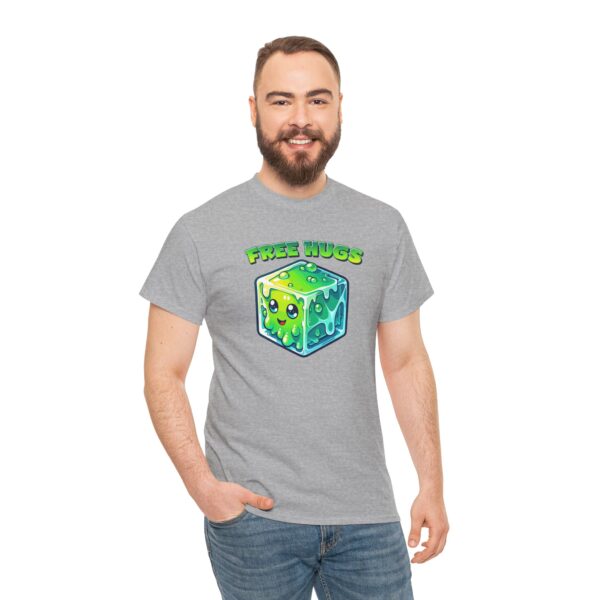 Free Hugs shirt, a hug from a gelatinous cube is forever, on a sport gray shirt worn by a man