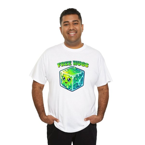 Free Hugs shirt, a hug from a gelatinous cube is forever, on a white shirt worn by a dude