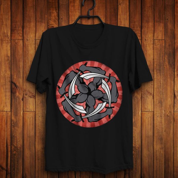 A pinwheel of five snaky arms clutching swords, the symbol of Garagos, on a black shirt hanging on a wall