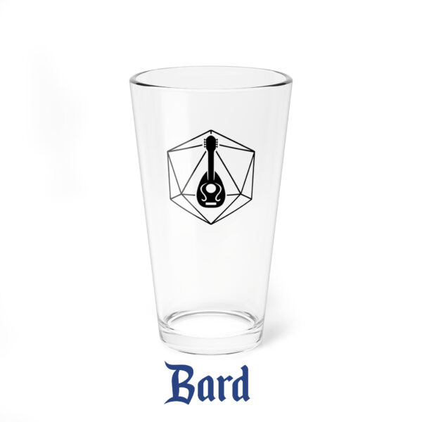 A drinking glass featuring the DnD symbol of the Bard class