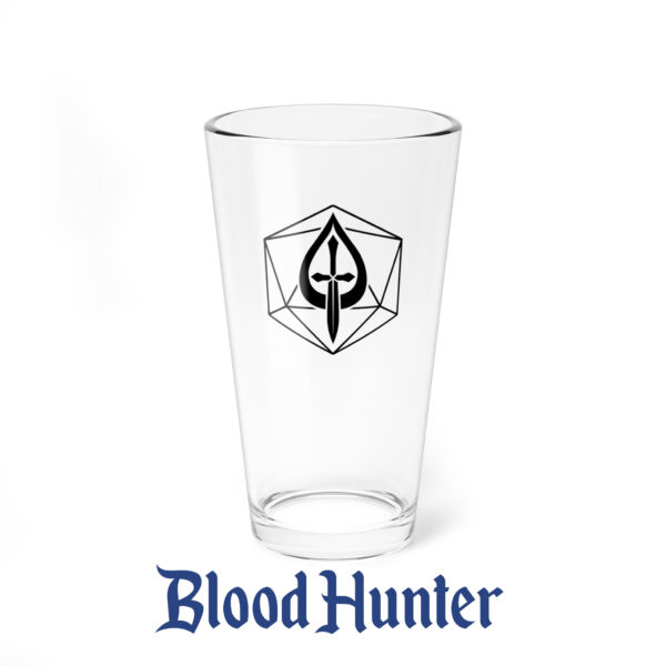 A drinking glass featuring the DnD symbol of the Blood Hunter class