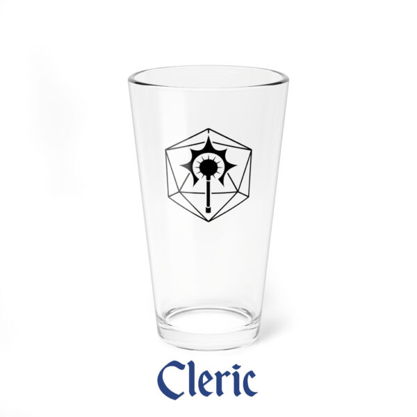 A drinking glass featuring the DnD symbol of the Cleric class