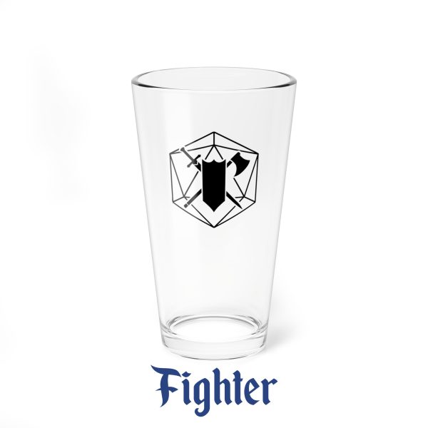 A drinking glass featuring the DnD symbol of the fighter class