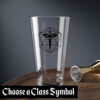 A drinking glass featuring the DnD symbol of the Rogue class, on a table - choose a class!
