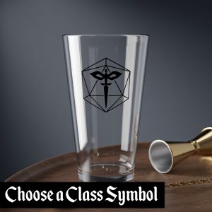 A drinking glass featuring the DnD symbol of the Rogue class, on a table - choose a class!