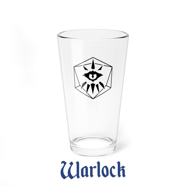 A drinking glass featuring the DnD symbol of the Warlock class