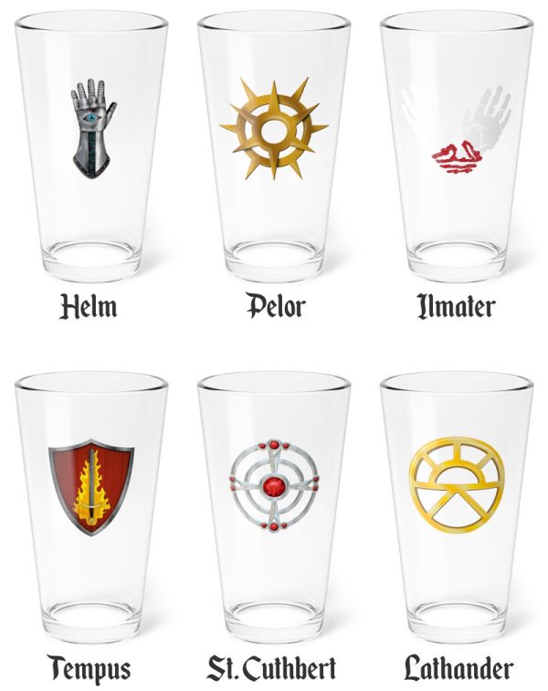 Good Deities Drinking Glass Set, featuring Helm, Pelor, Lathander, Tempus, St. Cuthbert, and Ilmater.