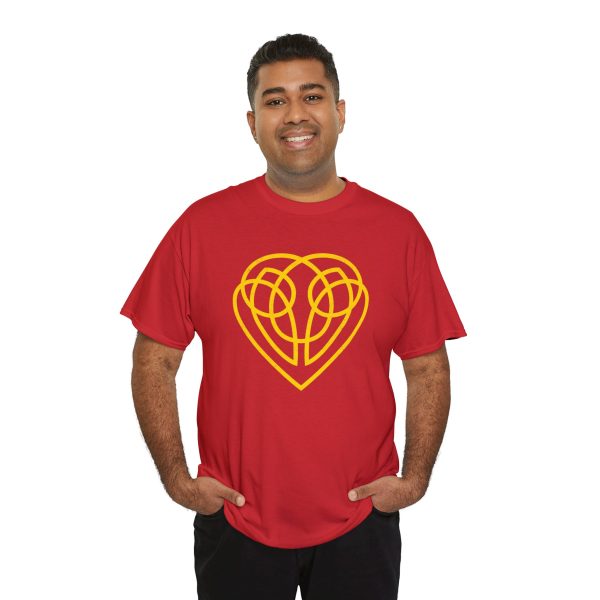The symbol of Hanali Celanil, a gold heart, on a red shirt worn by a man