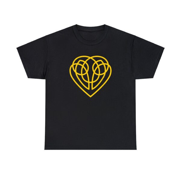 The symbol of Hanali Celanil, a gold heart, on a black shirt
