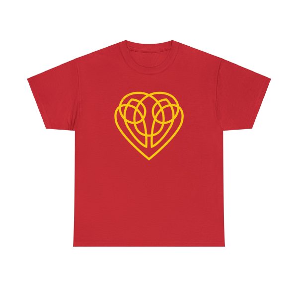 The symbol of Hanali Celanil, a gold heart, on a red shirt