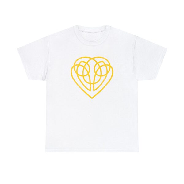 The symbol of Hanali Celanil, a gold heart, on a white shirt