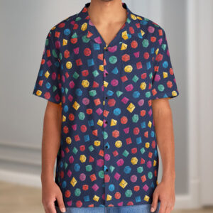 Hawaiian shirt with a fun polyhedron dice pattern; a great geeky gift for Dungeons and Dragons fans; closeup